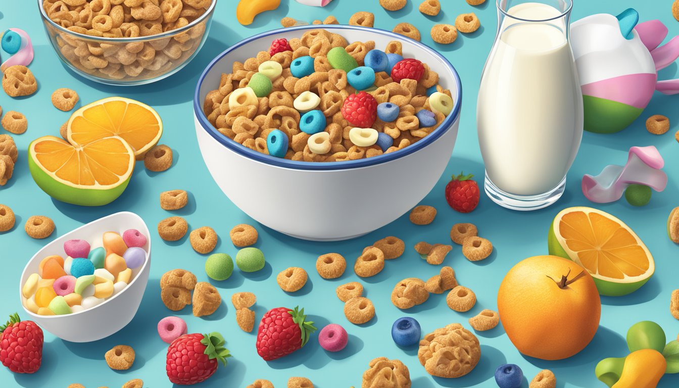 A bowl of Krave and Lucky Charms cereal side by side, surrounded by a variety of colorful fruits and a glass of milk