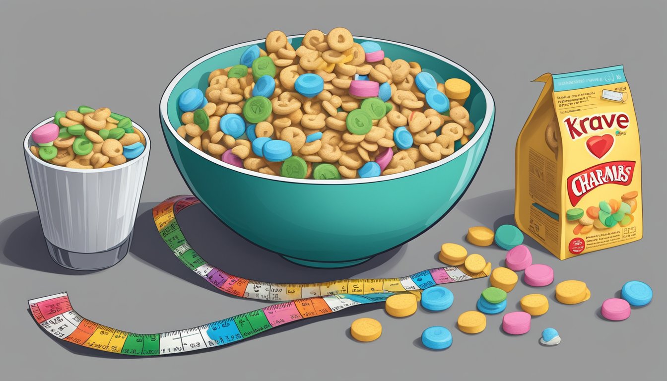 A bowl of Krave and Lucky Charms side by side, surrounded by a tape measure, nutrition labels, and a scale