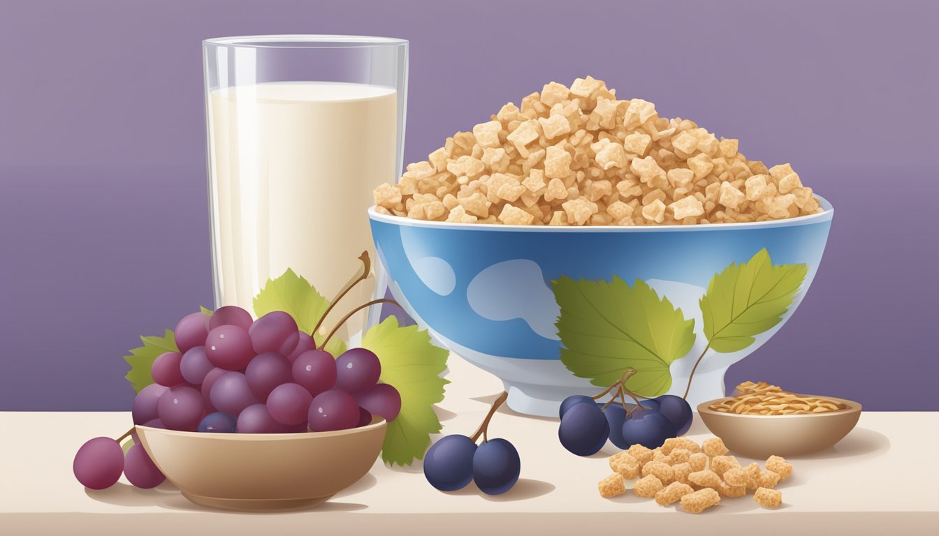 A bowl of grape nuts flakes and a bowl of rice krispies side by side, surrounded by various fruits and a glass of milk