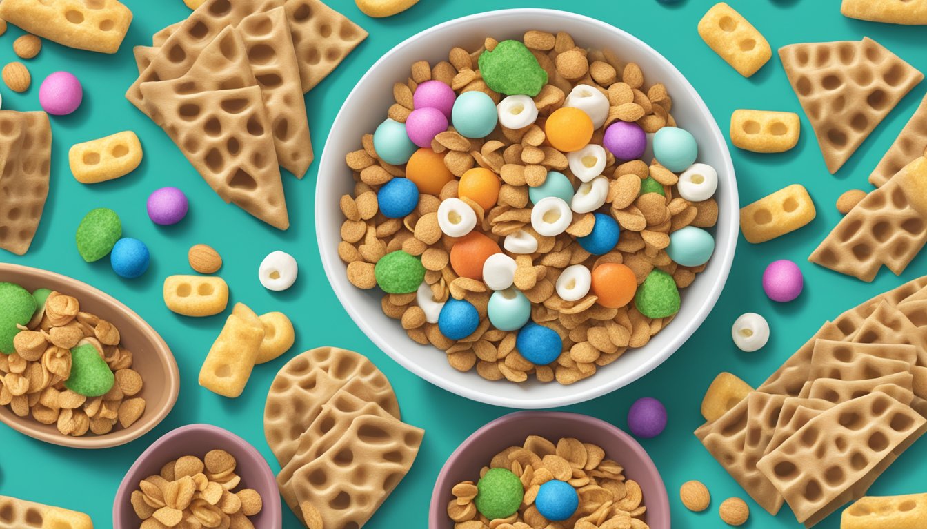 A bowl of Krave cereal next to a bowl of Lucky Charms, surrounded by various healthy alternatives such as fruit, yogurt, and granola