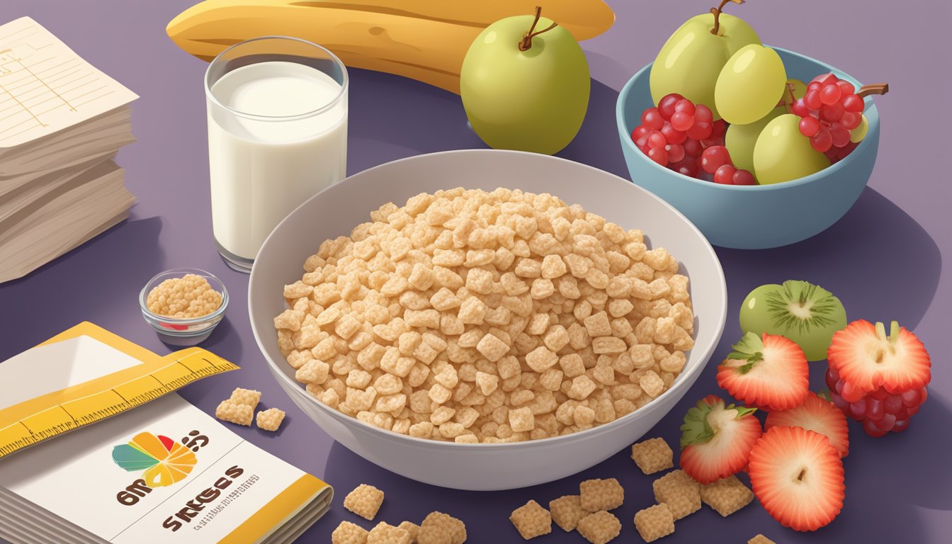 A bowl of Grape Nuts Flakes and Rice Krispies surrounded by fresh fruits and a glass of milk, with a tape measure and nutritional information booklet nearby