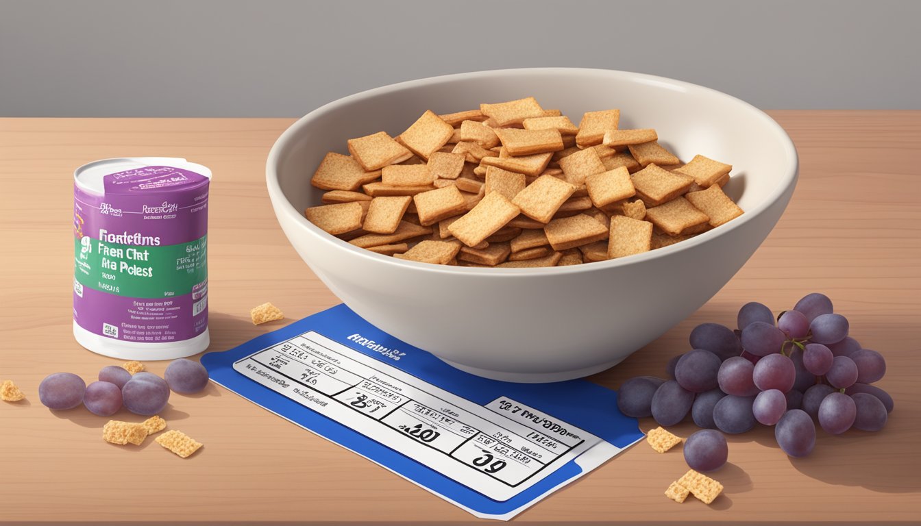 A bowl of French Toast Crunch and a bowl of Post Grape Nuts Flakes side by side, surrounded by a measuring tape and a nutrition label