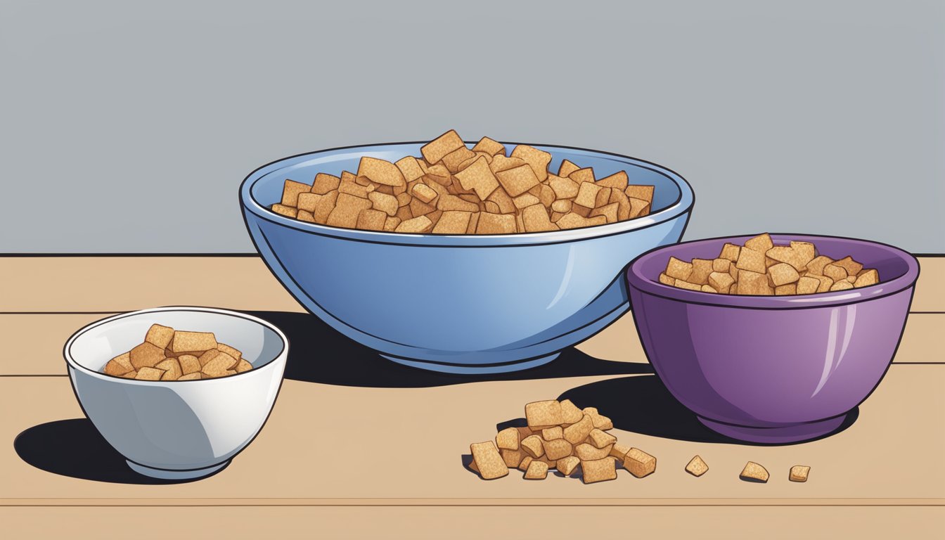 A bowl of French toast crunch and a bowl of Post Grape Nuts flakes side by side, with a measuring tape and a nutrition label in the background