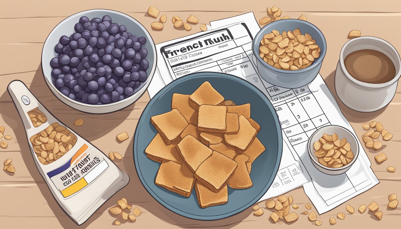 A table with a bowl of French Toast Crunch and a bowl of Post Grape Nuts Flakes, surrounded by nutritional labels and a scale