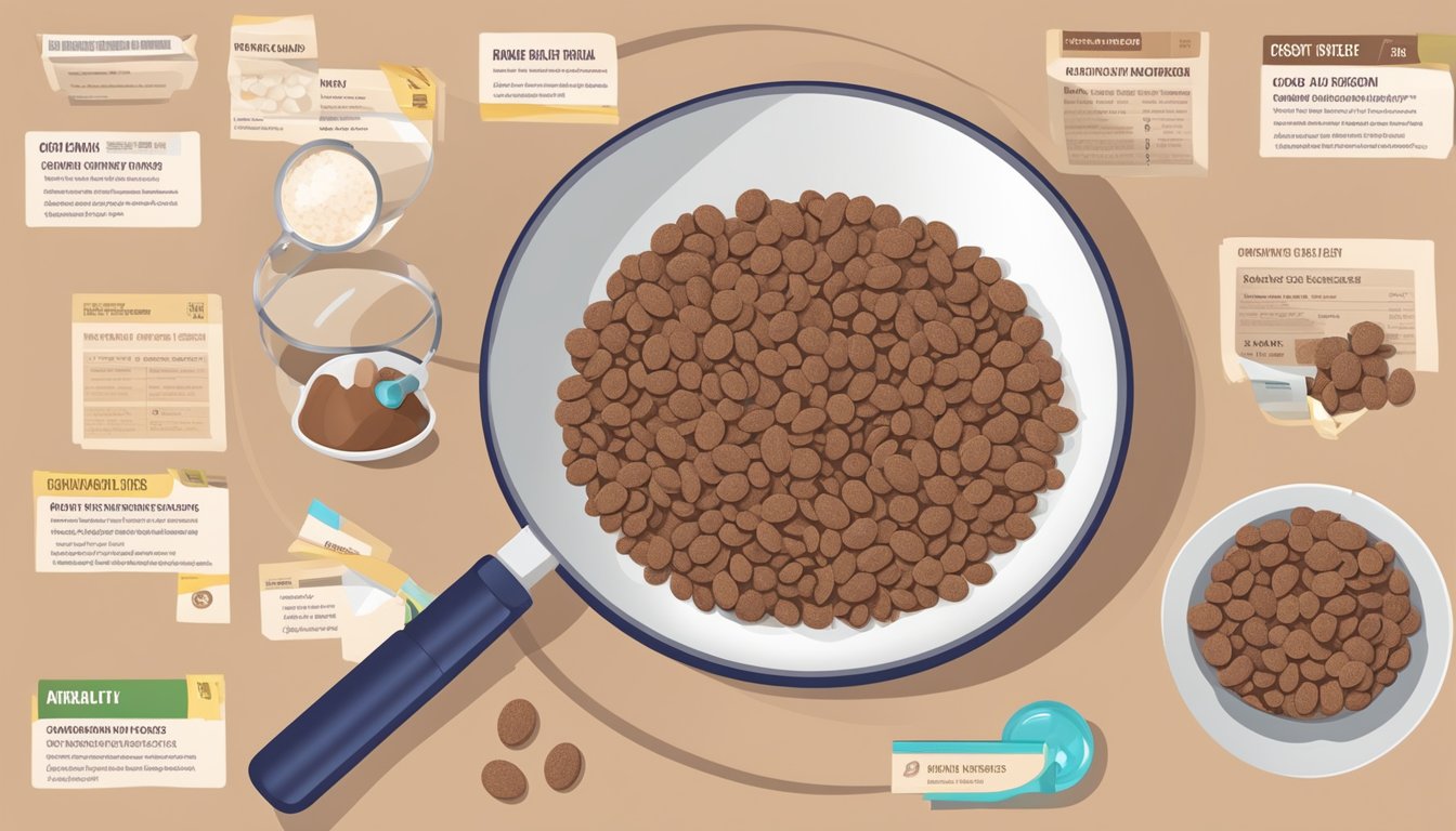 A bowl of cocoa pebbles and a bowl of post grape nut flakes, surrounded by nutritional labels and a magnifying glass for analysis