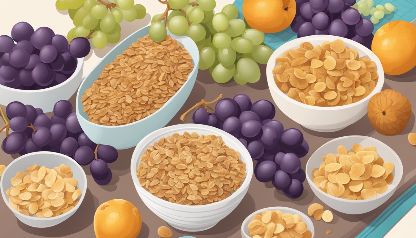 A table with bowls of Krave and Post Grape-Nut Flakes, surrounded by various fruits and a measuring tape for comparison