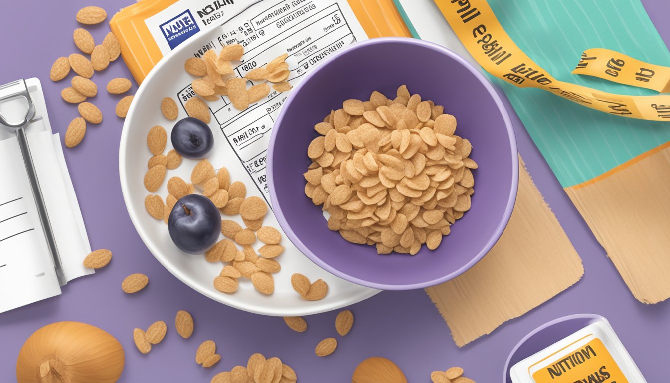 A bowl of Krave and a bowl of Post Grape-Nut Flakes next to each other, with a measuring tape and a nutrition label in the background