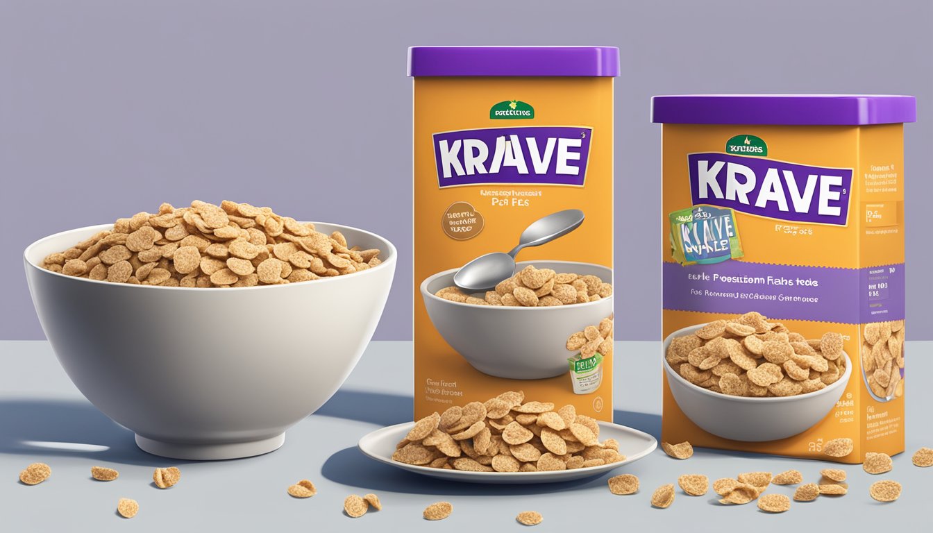 A bowl of Krave cereal and a bowl of Post Grape-Nut Flakes side by side, with a measuring tape and a nutrition label in the background