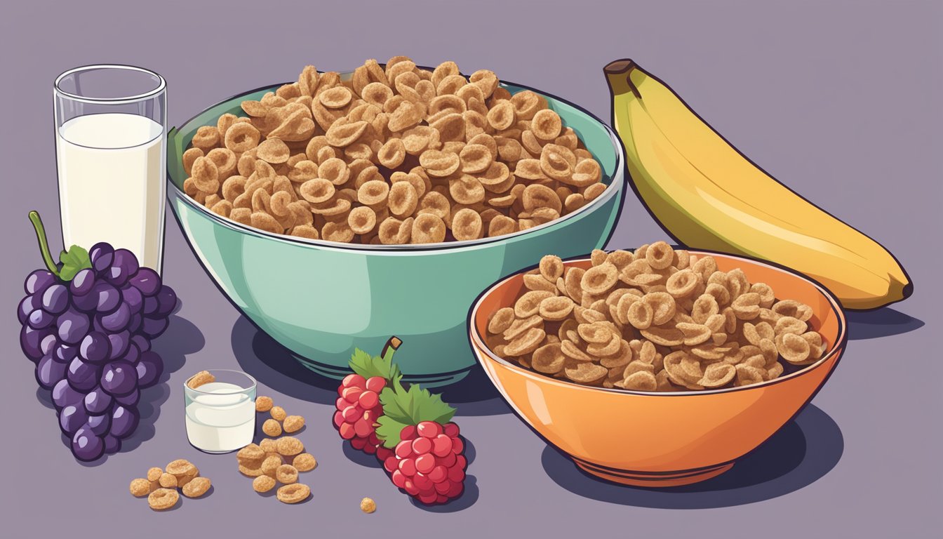 A bowl of Krave cereal and a bowl of Post Grape-Nut Flakes sit side by side on a table, surrounded by various fruits and a glass of milk