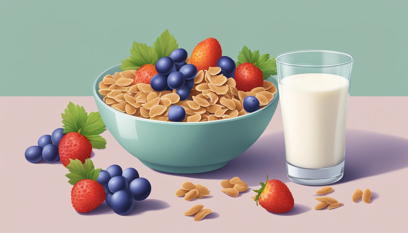 A bowl of Krave and Post Grape-Nut Flakes side by side, surrounded by a variety of fresh fruits and a glass of milk