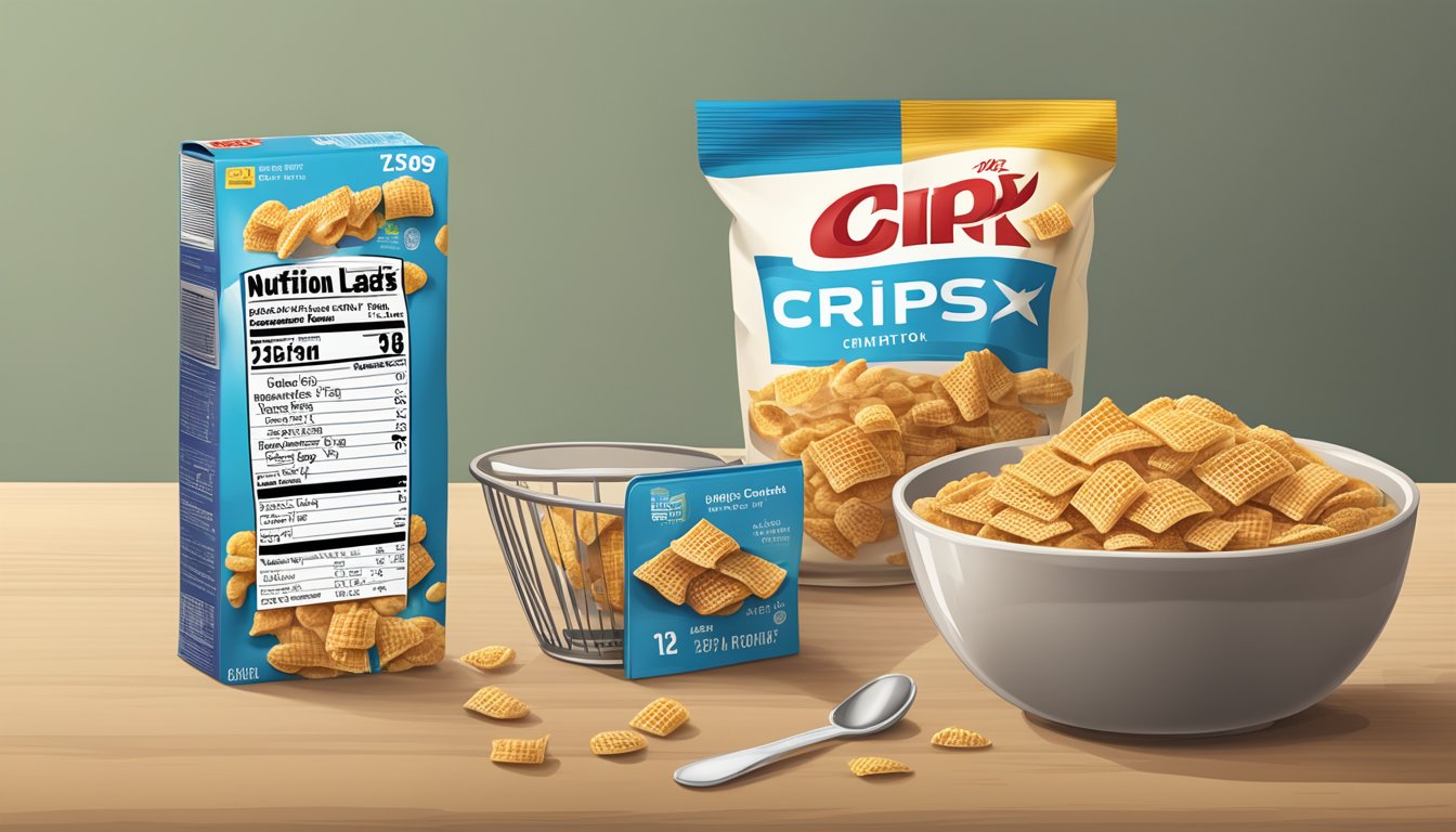 A bowl of Crispix and Waffle Crisp cereal next to a measuring tape and nutrition label. The two cereals are compared for their nutritional content