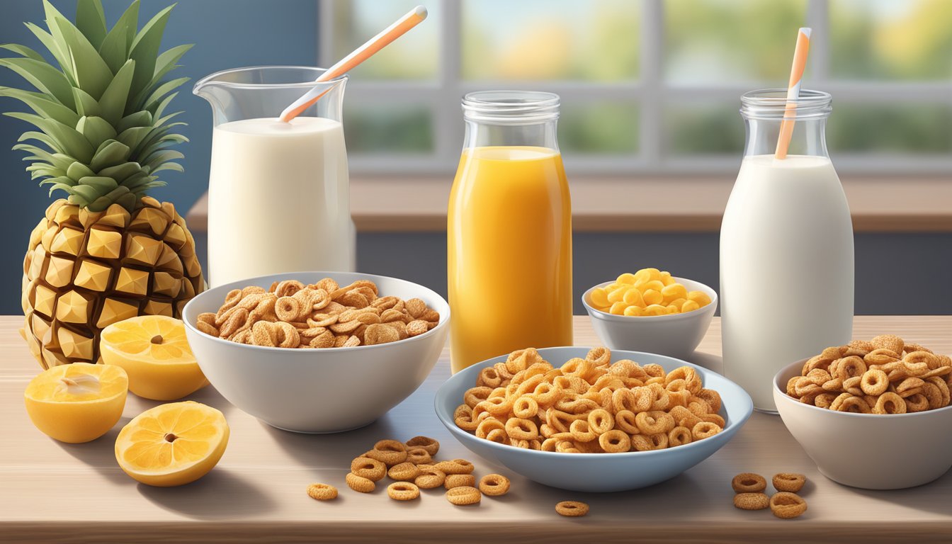 A bowl of frosted flakes and a bowl of honey nut cheerios sit side by side on a table, surrounded by fresh fruit and a glass of milk