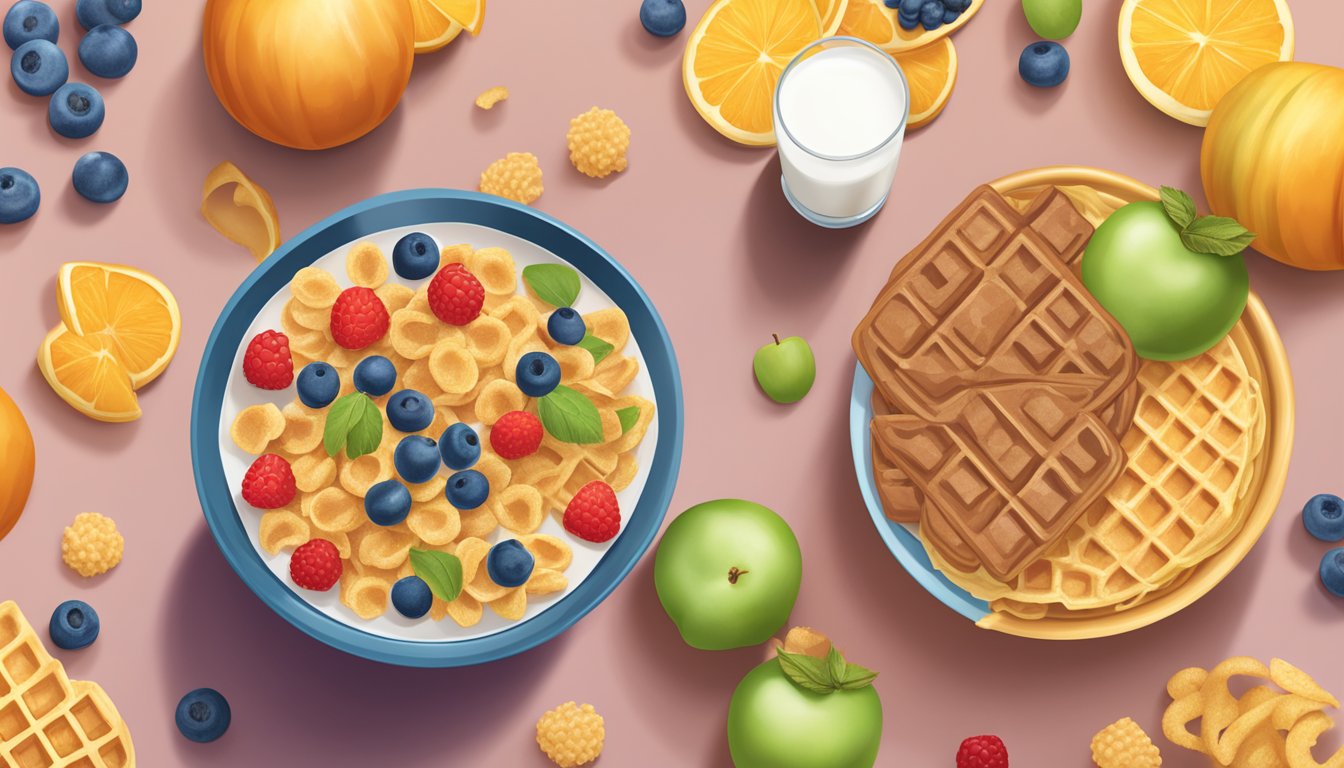 A bowl of Crispix and Waffle Crisp cereal next to each other, surrounded by various fruits and a glass of milk