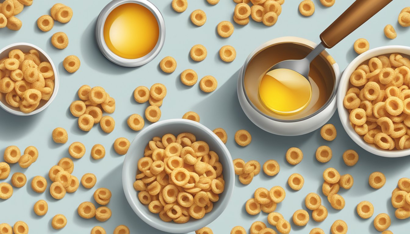 A bowl of frosted flakes and honey nut cheerios side by side, with a spoon and a magnifying glass for texture analysis