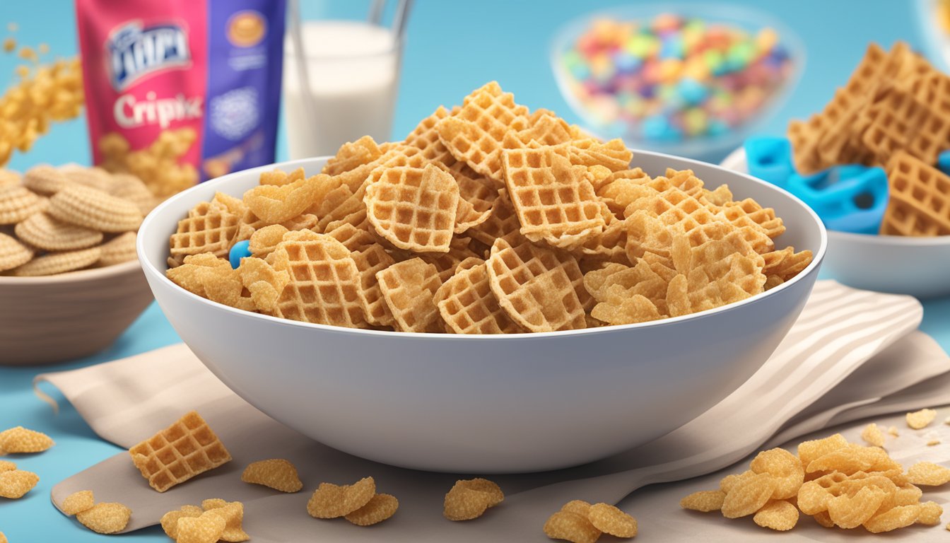 A bowl of Crispix and Waffle Crisp cereal surrounded by various ingredients and additives, with a nutrition label in the background