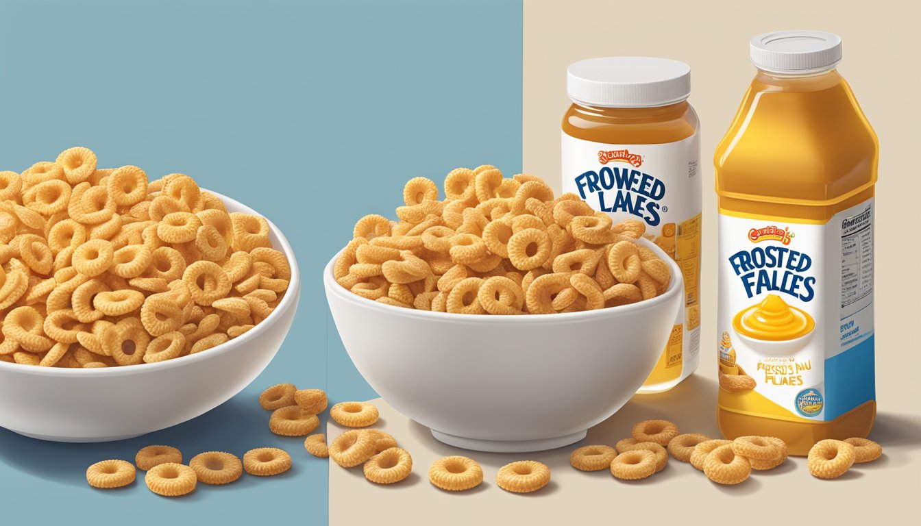 A bowl of Frosted Flakes and a bowl of Honey Nut Cheerios side by side, with a measuring tape and an apple next to them