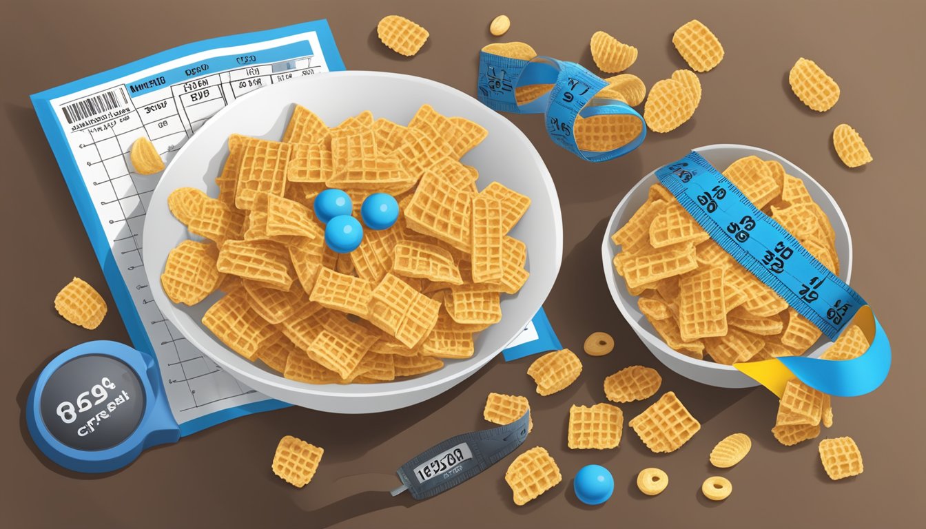 A bowl of Crispix and Waffle Crisp cereal next to a measuring tape and nutritional labels