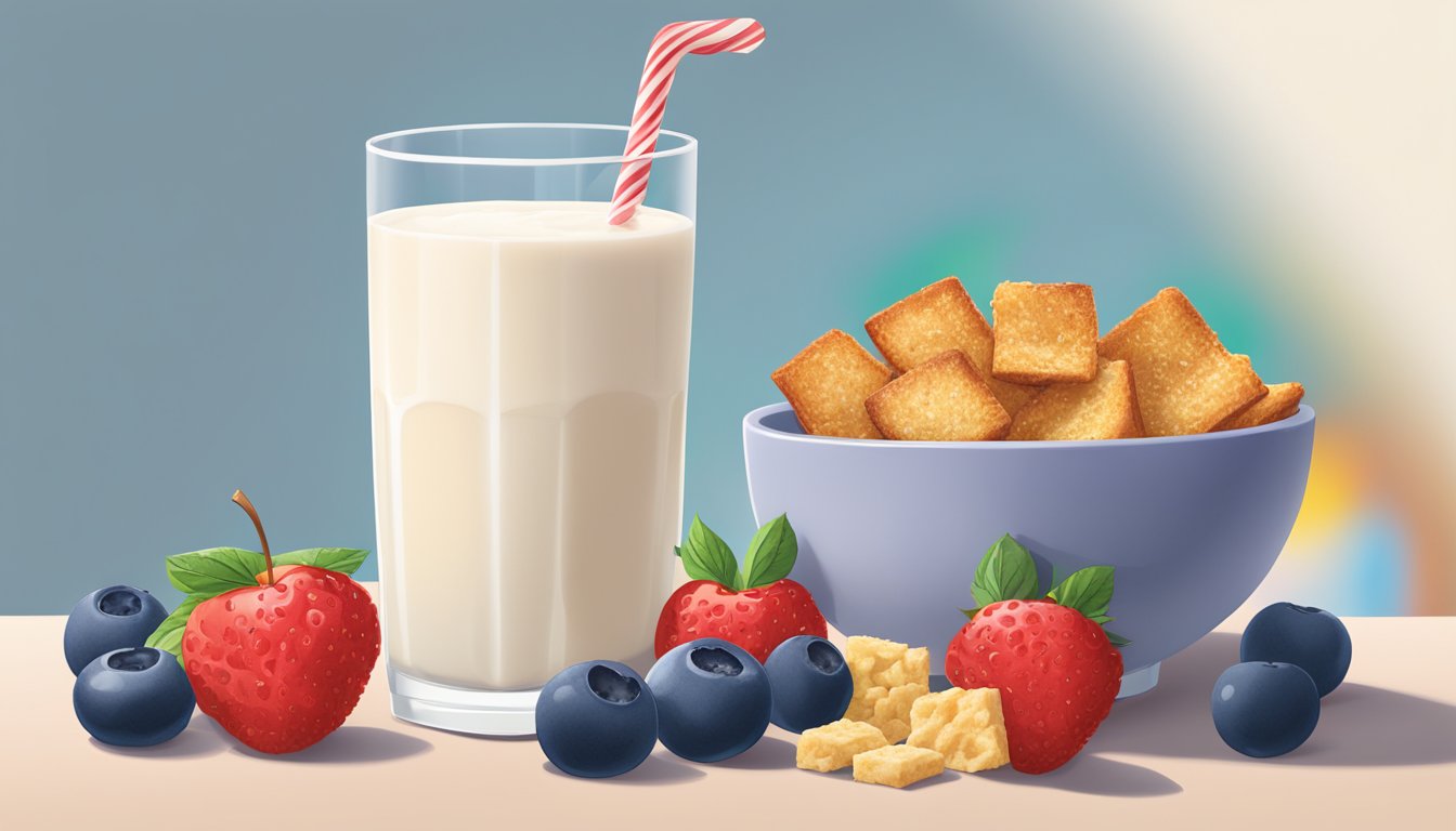 A bowl of French Toast Crunch and Special K side by side, surrounded by fresh fruit and a glass of milk