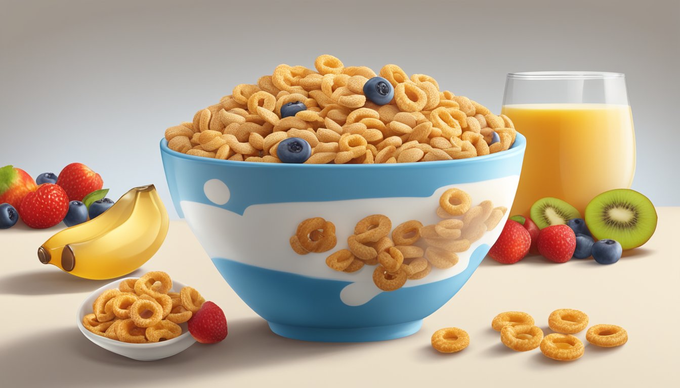 A bowl of frosted flakes and honey nut cheerios side by side, surrounded by fresh fruits and a glass of milk