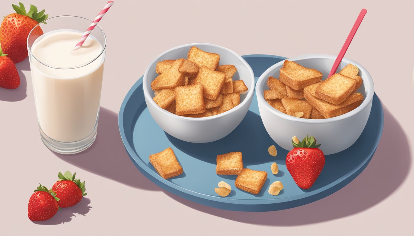 A bowl of French Toast Crunch and Special K side by side, surrounded by fresh strawberries and a glass of milk