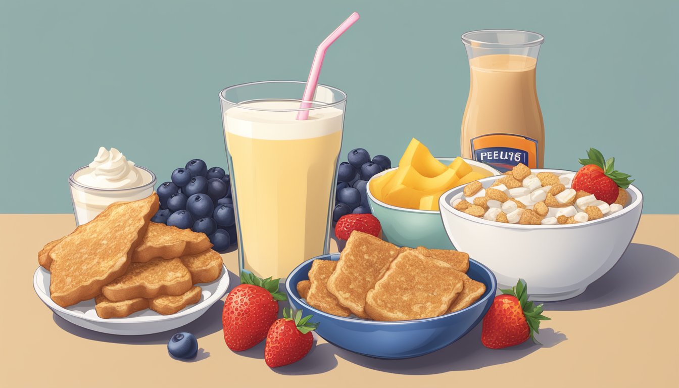 A table with a bowl of French Toast Crunch and a bowl of Special K, surrounded by various fruits and a glass of milk