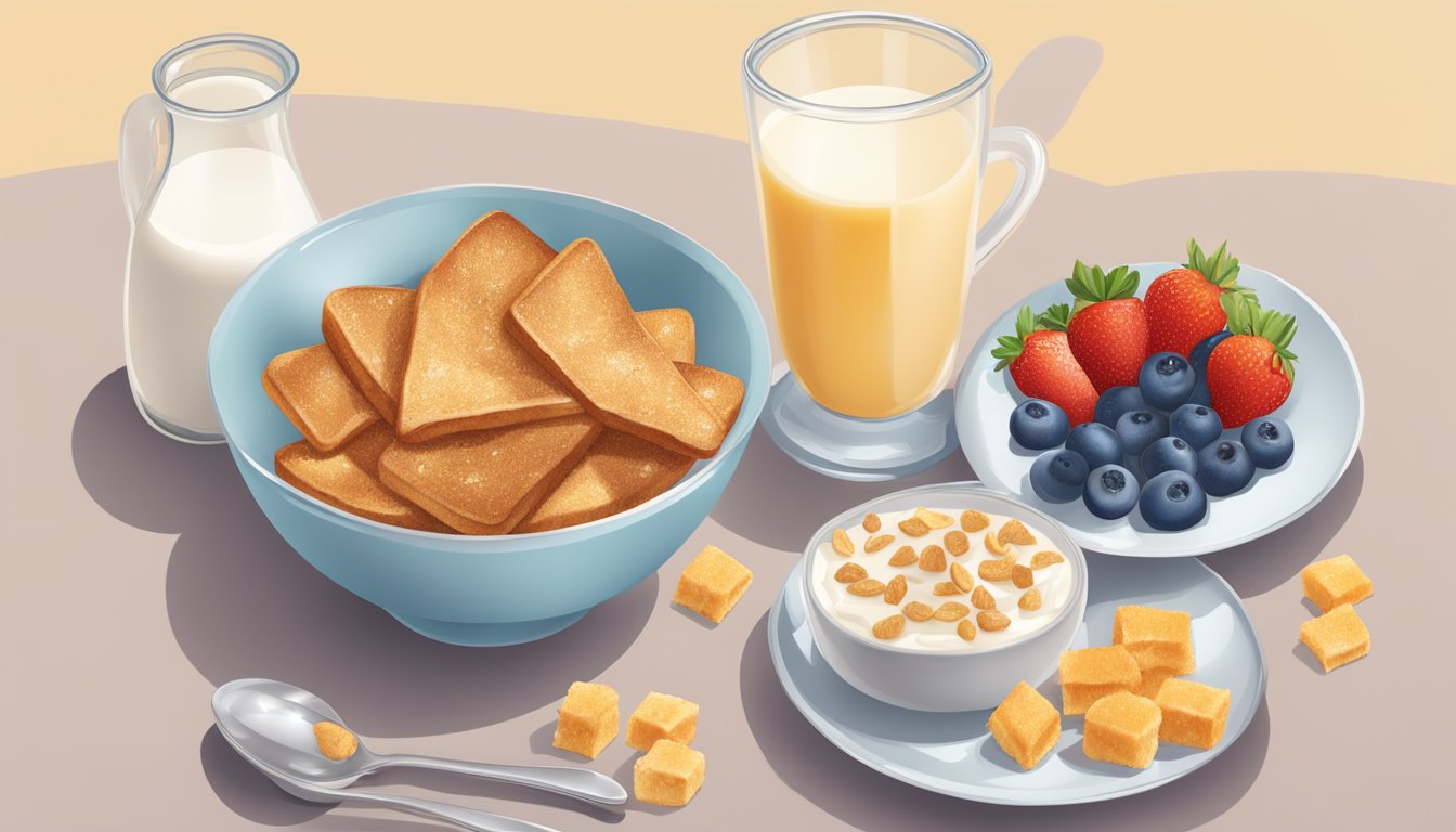 A breakfast table with a bowl of French Toast Crunch and a bowl of Special K, surrounded by a glass of milk and a plate of fresh fruit