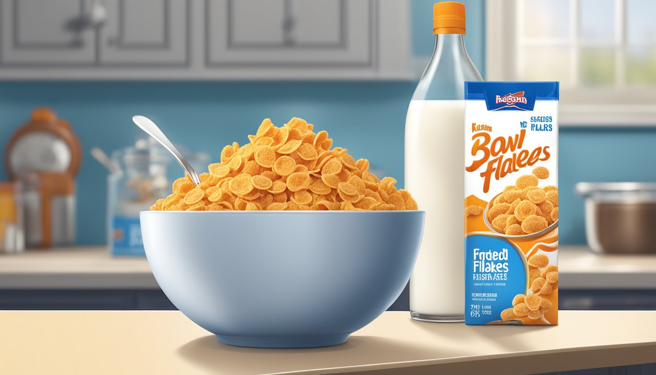 A bowl of Frosted Flakes and Kaboom Cereals side by side, with a glass of milk and a spoon, set against a backdrop of a kitchen counter