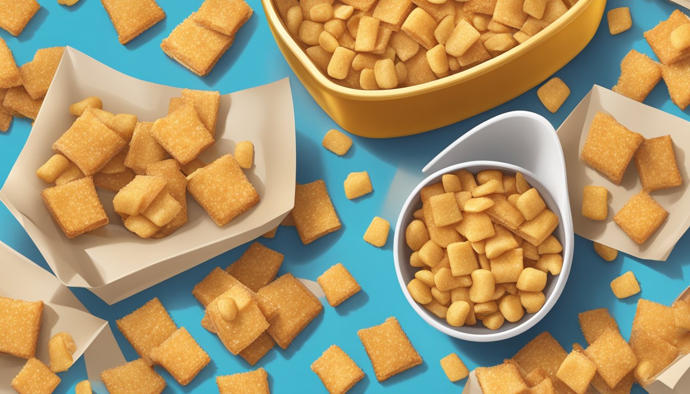 A bowl of French toast crunch and honey smacks side by side, with a measuring tape wrapping around each box