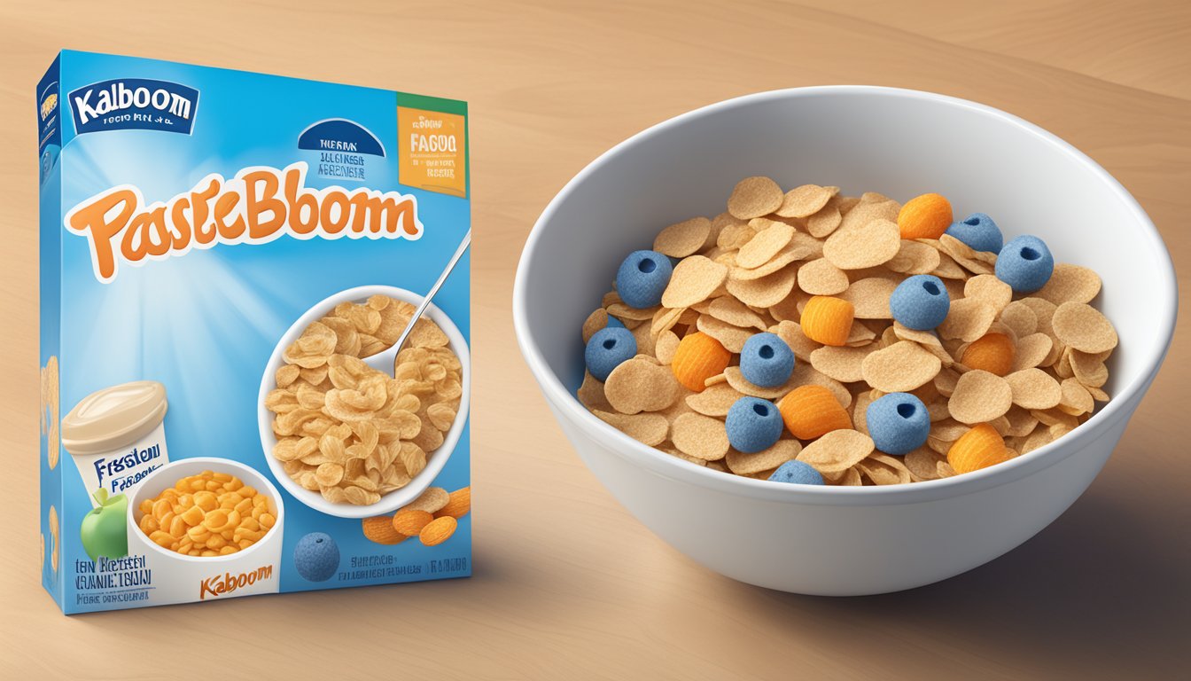 A bowl of frosted flakes and a bowl of kaboom cereal with nutrition labels next to each other on a table