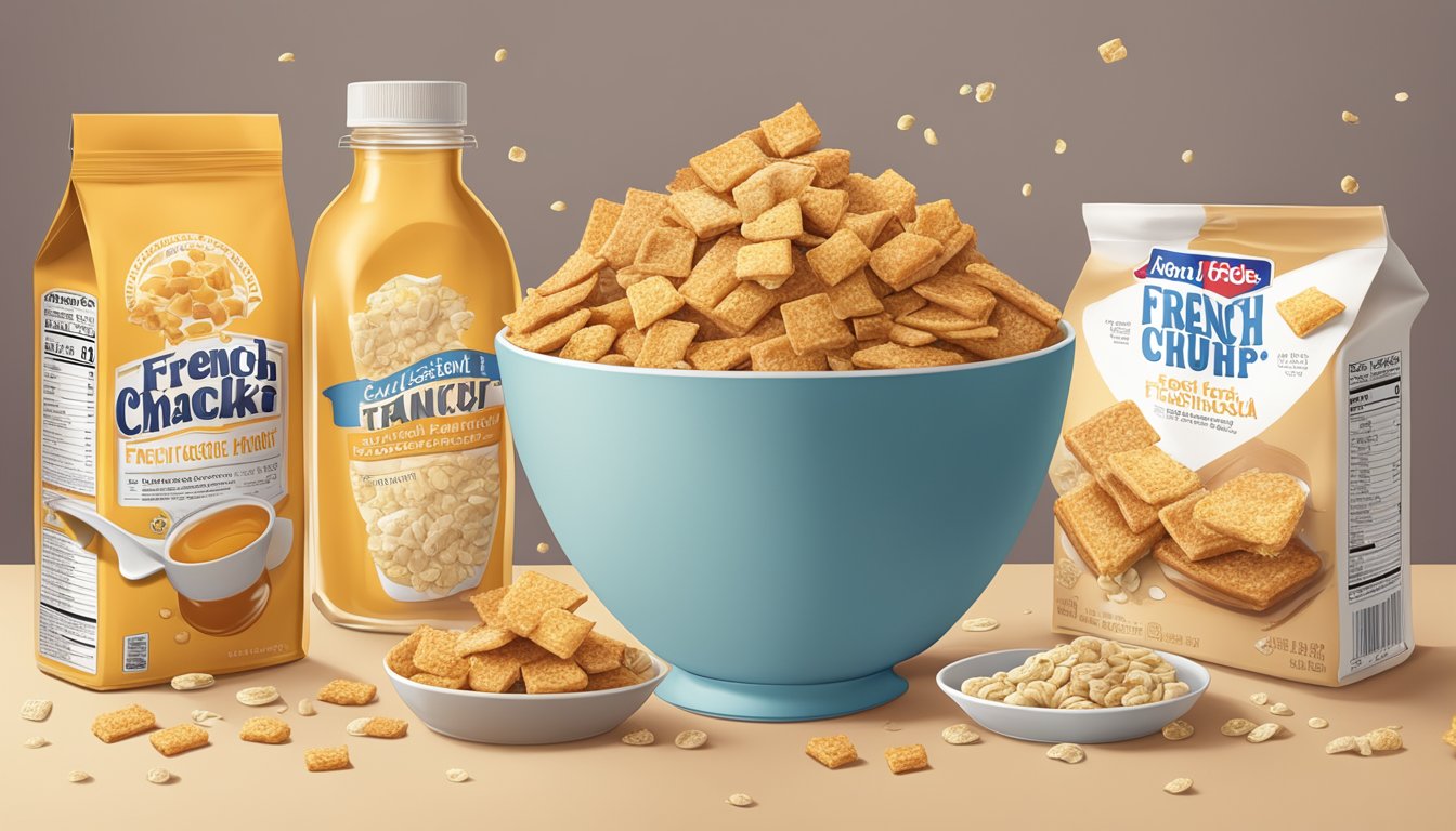 A table with boxes of French Toast Crunch and Honey Smacks, surrounded by scattered cereal pieces and nutrition labels