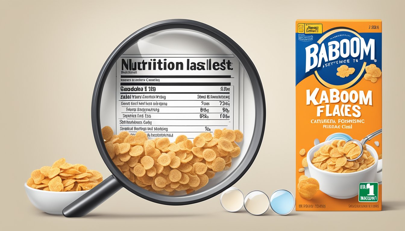 A bowl of frosted flakes and kaboom cereal next to a nutrition label and ingredient list, with a magnifying glass examining the ingredients