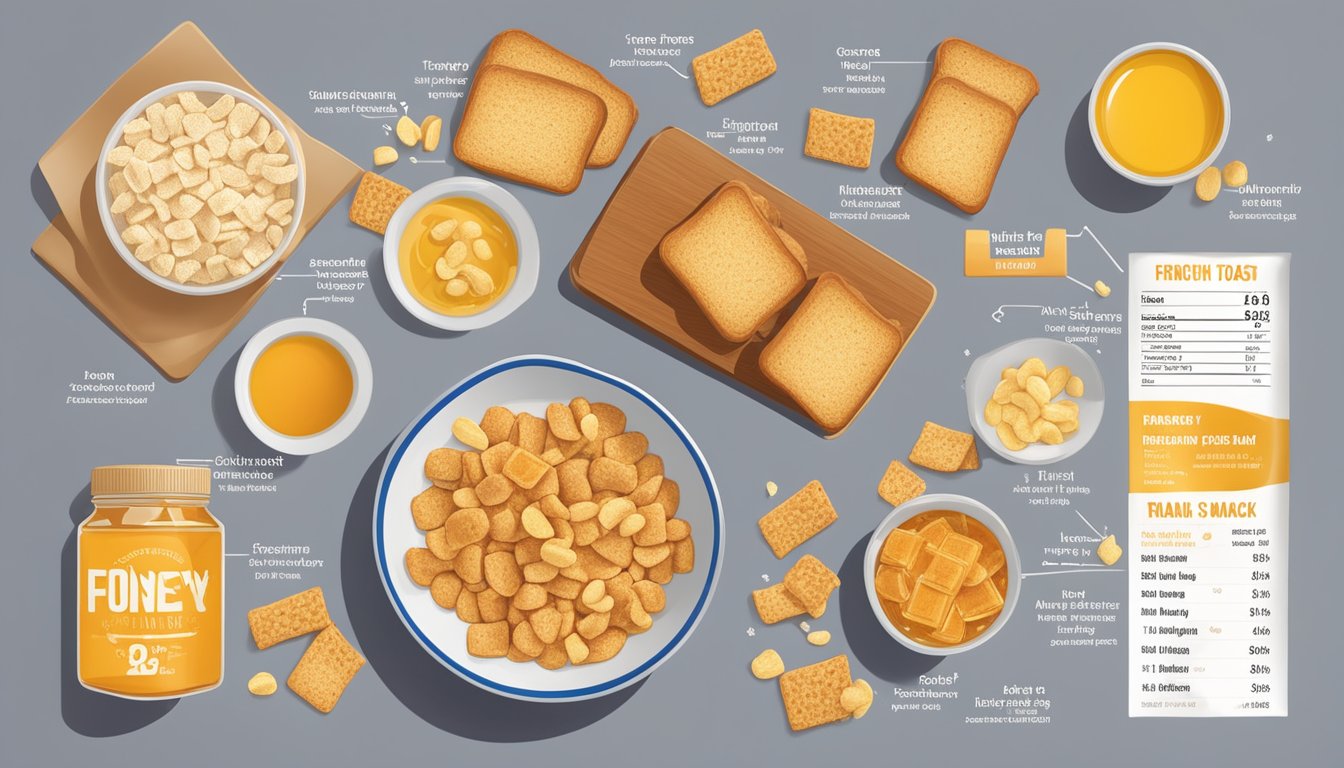 A table with a bowl of French Toast Crunch and a bowl of Honey Smacks, surrounded by nutritional information labels and a measuring tape