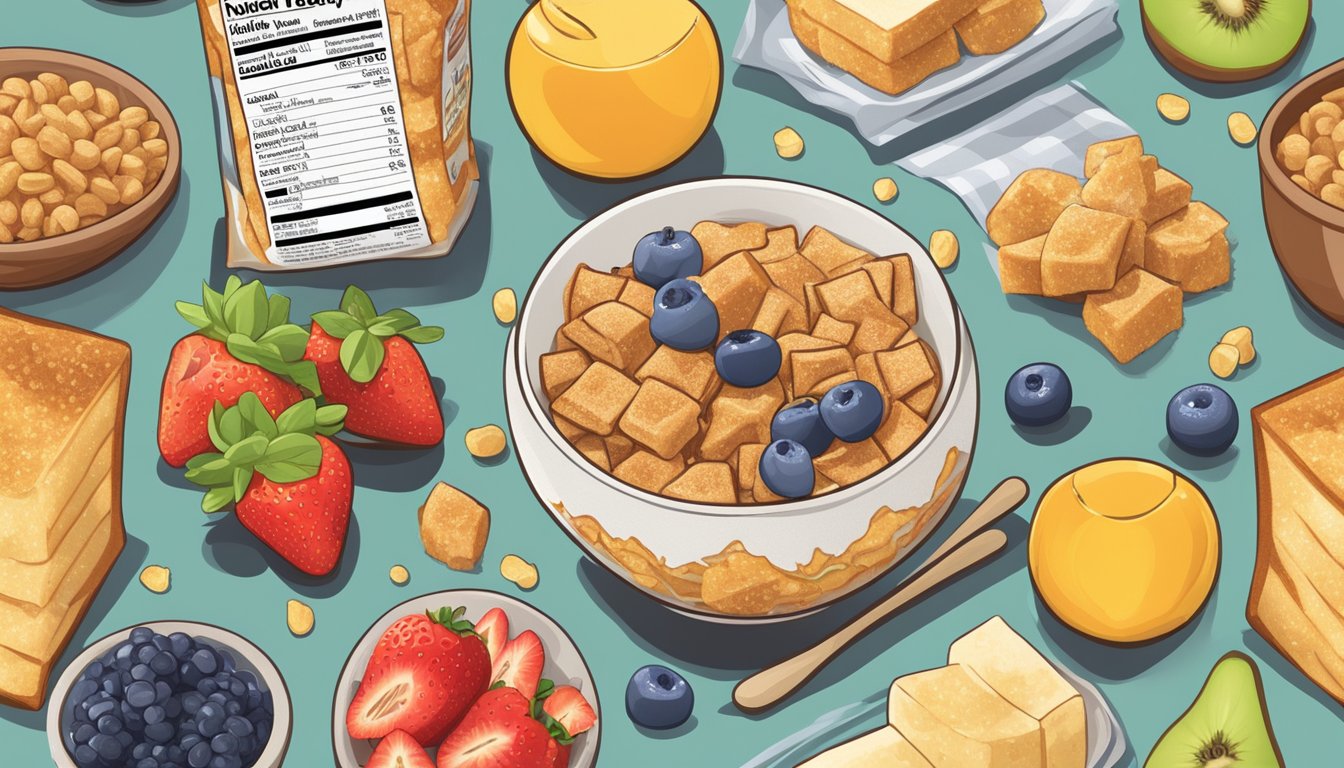 A bowl of French Toast Crunch and Honey Smacks side by side with a nutrition label next to each, surrounded by various fruits and whole grains