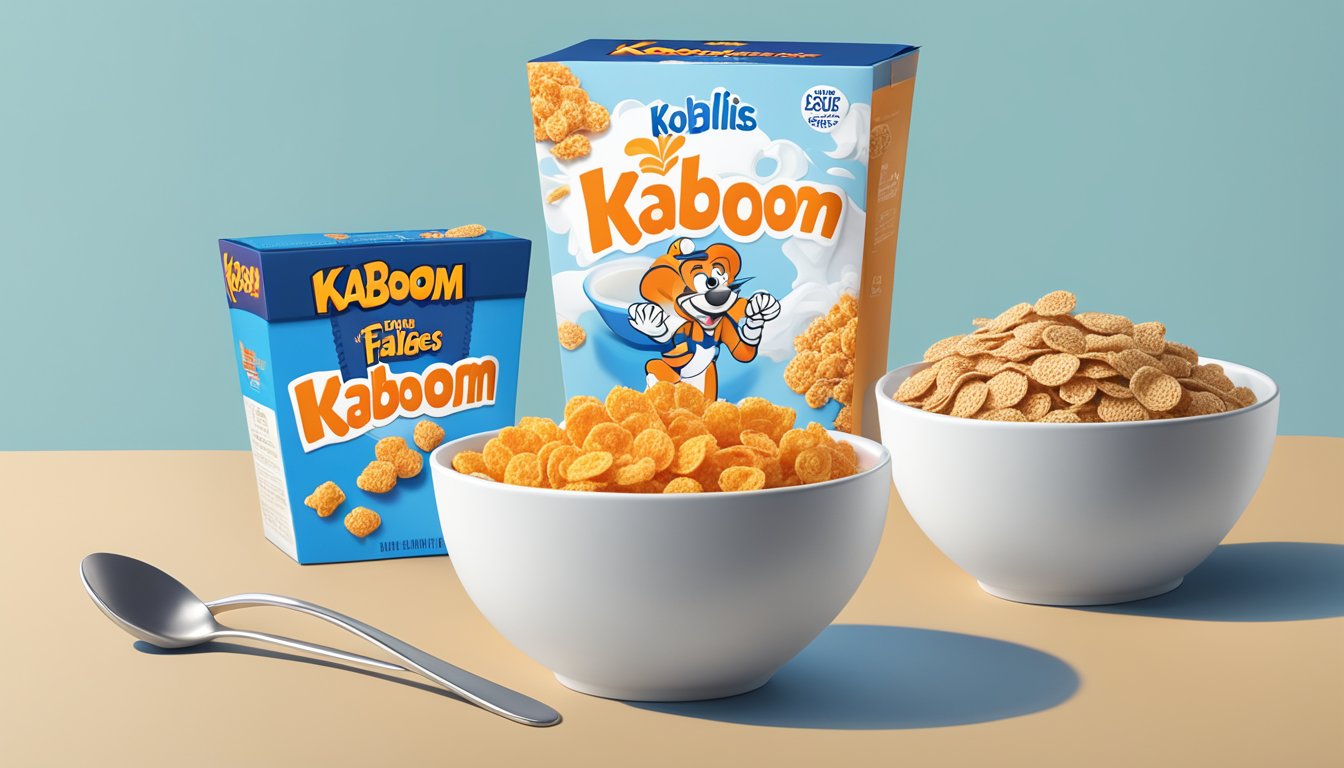 A bowl of frosted flakes next to a bowl of kaboom cereal, with a spoon and milk, showcasing their different taste and texture profiles