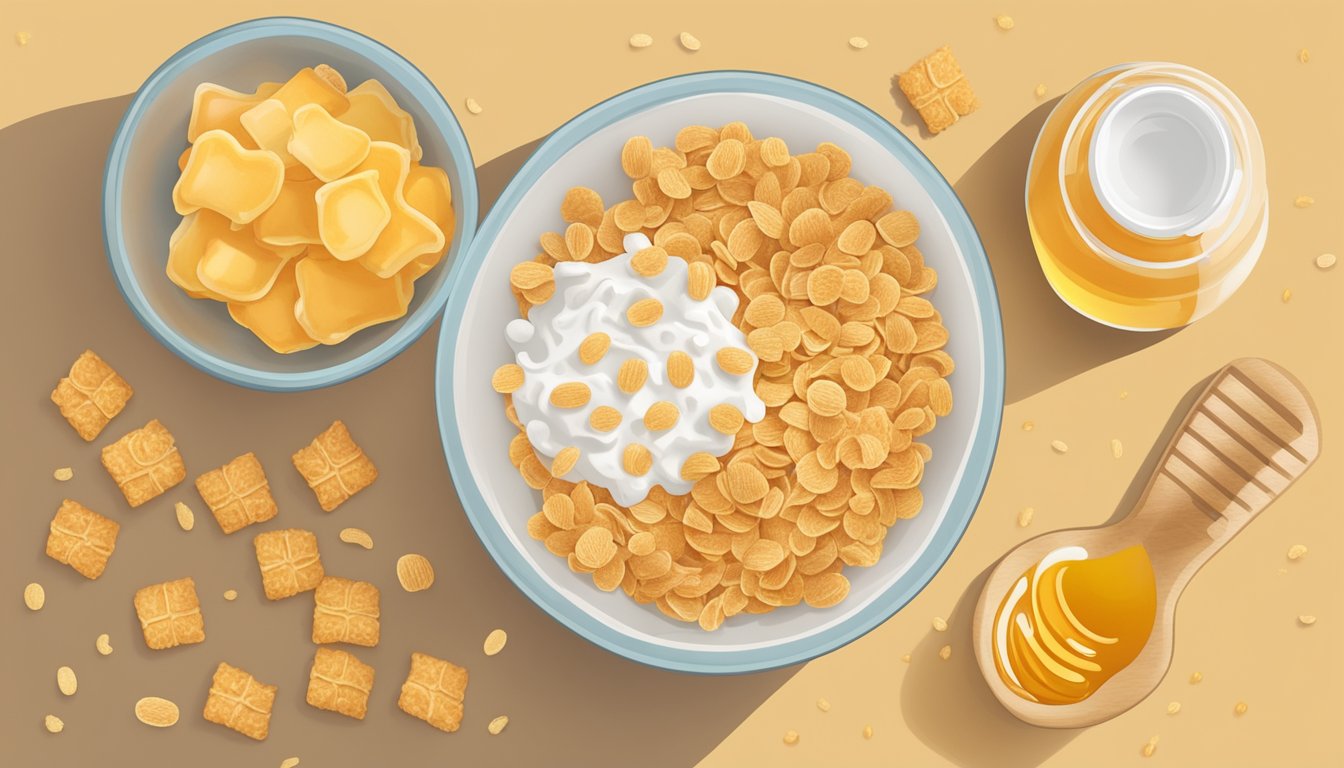 A bowl of frosted flakes and a bowl of honey ohs side by side, surrounded by scattered cereal pieces and a measuring tape