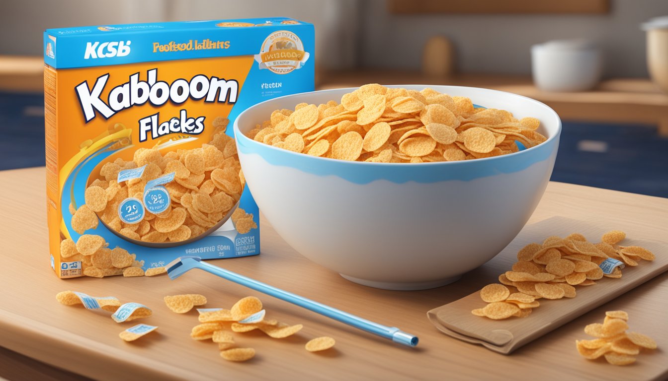 A bowl of frosted flakes and kaboom cereal with a measuring tape and nutrition labels in the background