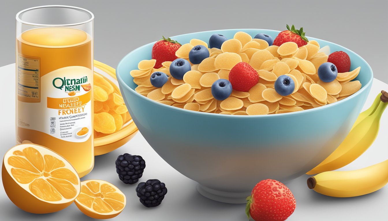 A bowl of frosted flakes and a bowl of honey ohs surrounded by various fruits and a glass of milk, with a nutrition label in the background