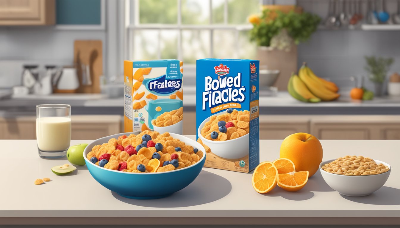 A bowl of Frosted Flakes and Kaboom cereal side by side, surrounded by fresh fruit and a glass of milk. The colorful boxes sit on a kitchen table, with a measuring tape and nutritional information nearby