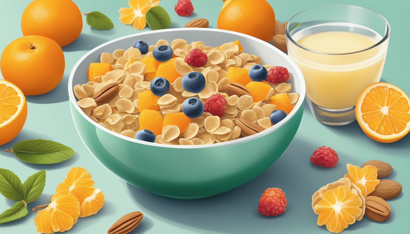 A bowl of frosted flakes and kaboom cereal next to a spread of fresh fruit and nuts. A glass of orange juice and a cup of green tea sit on the table