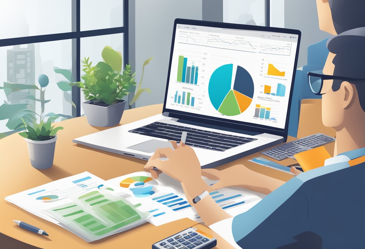 A desk with a laptop, financial documents, and a calculator. A graph showing investment growth. A person reviewing their RDSP investments