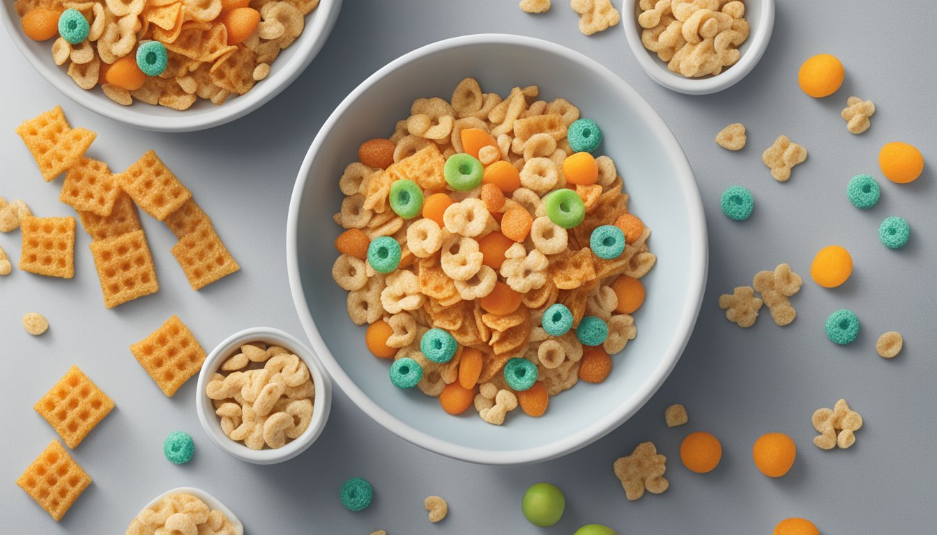 A bowl of Frosted Flakes and a bowl of Kellogg's Apple Jacks side by side, with nutritional information displayed next to each cereal