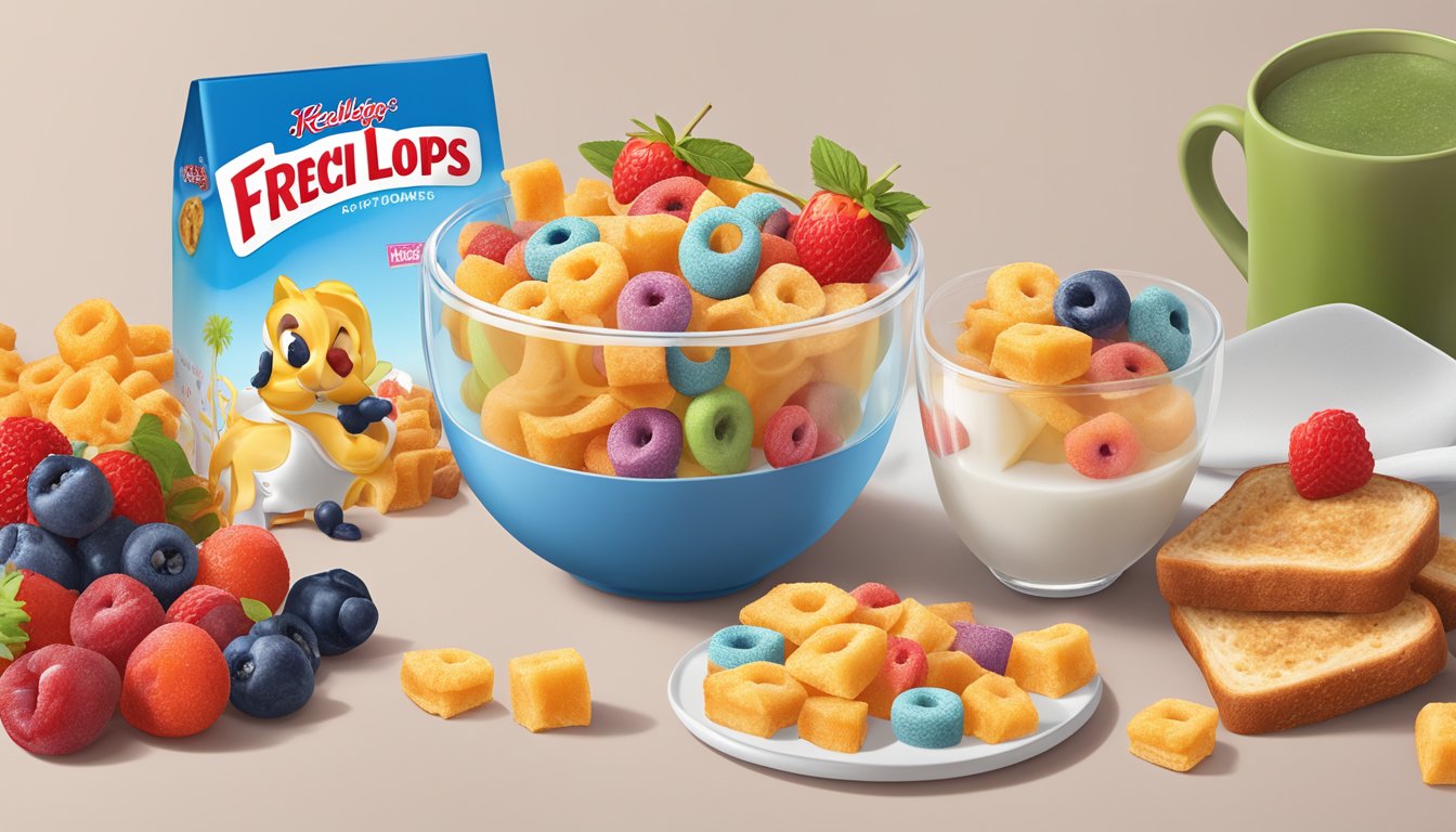 A bowl of French Toast Crunch and Kellogg's Froot Loops side by side, surrounded by fresh fruit and a glass of milk