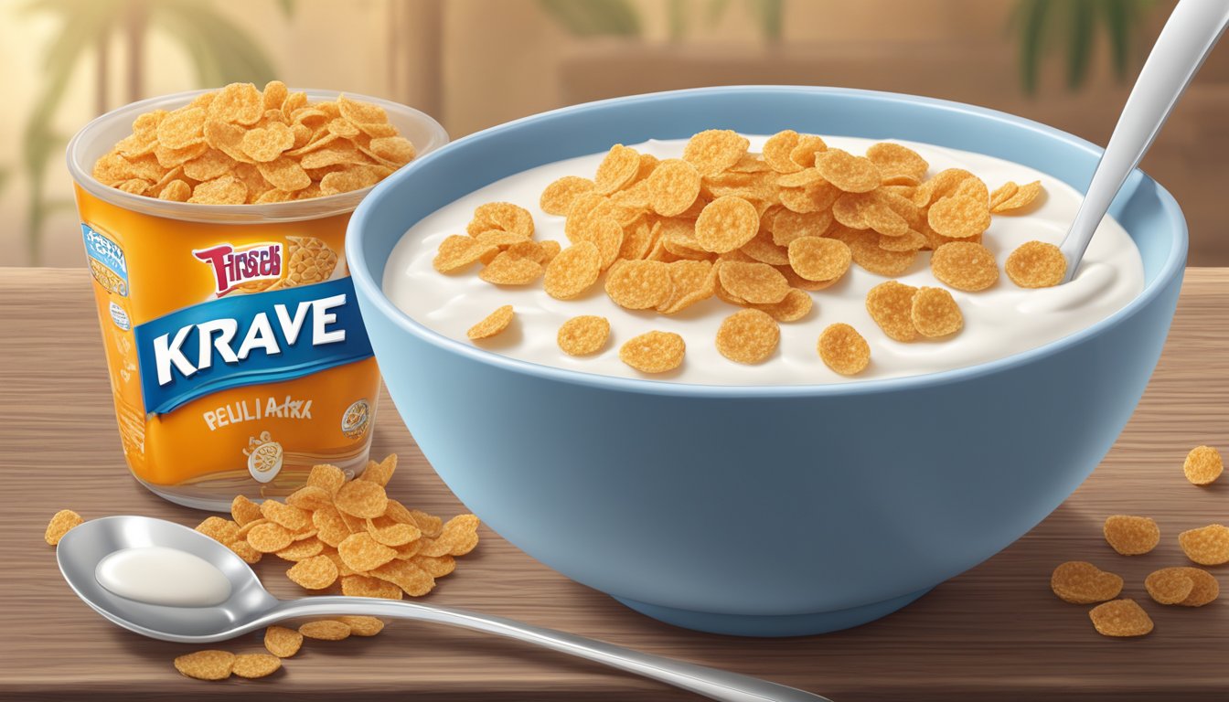 A bowl of Frosted Flakes and Krave cereal side by side, with a glass of milk and a spoon next to them on a wooden table