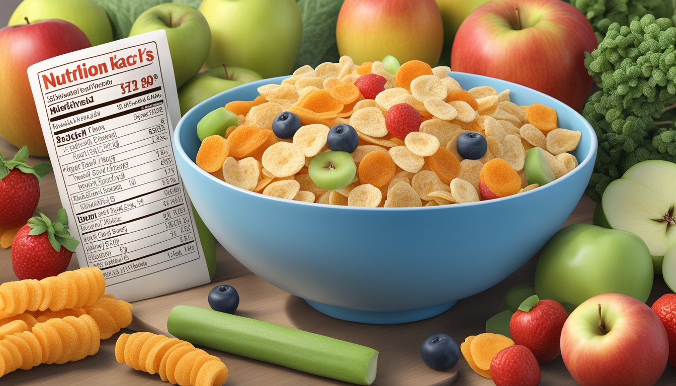 A bowl of Frosted Flakes and Kellogg's Apple Jacks surrounded by fruits and vegetables, with a nutrition label and health information in the background