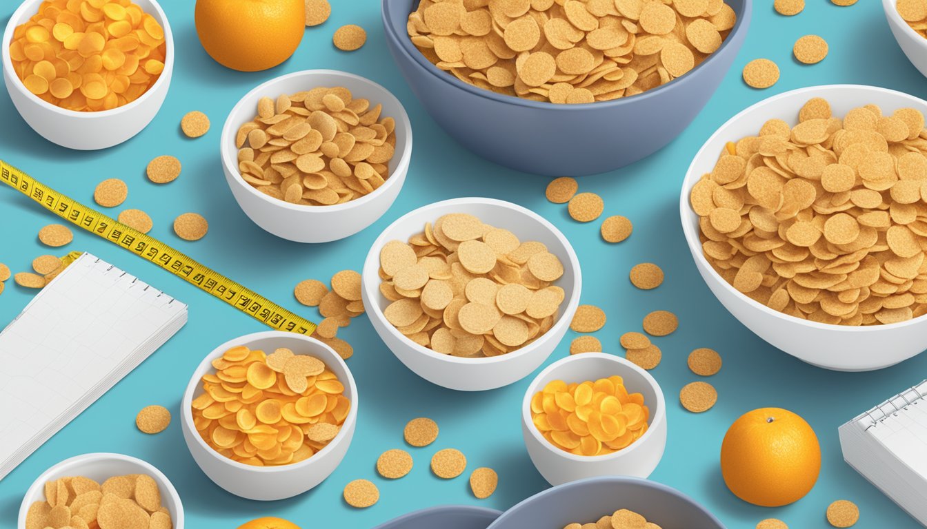 A bowl of frosted flakes and a bowl of krave cereal surrounded by nutritional labels and a tape measure