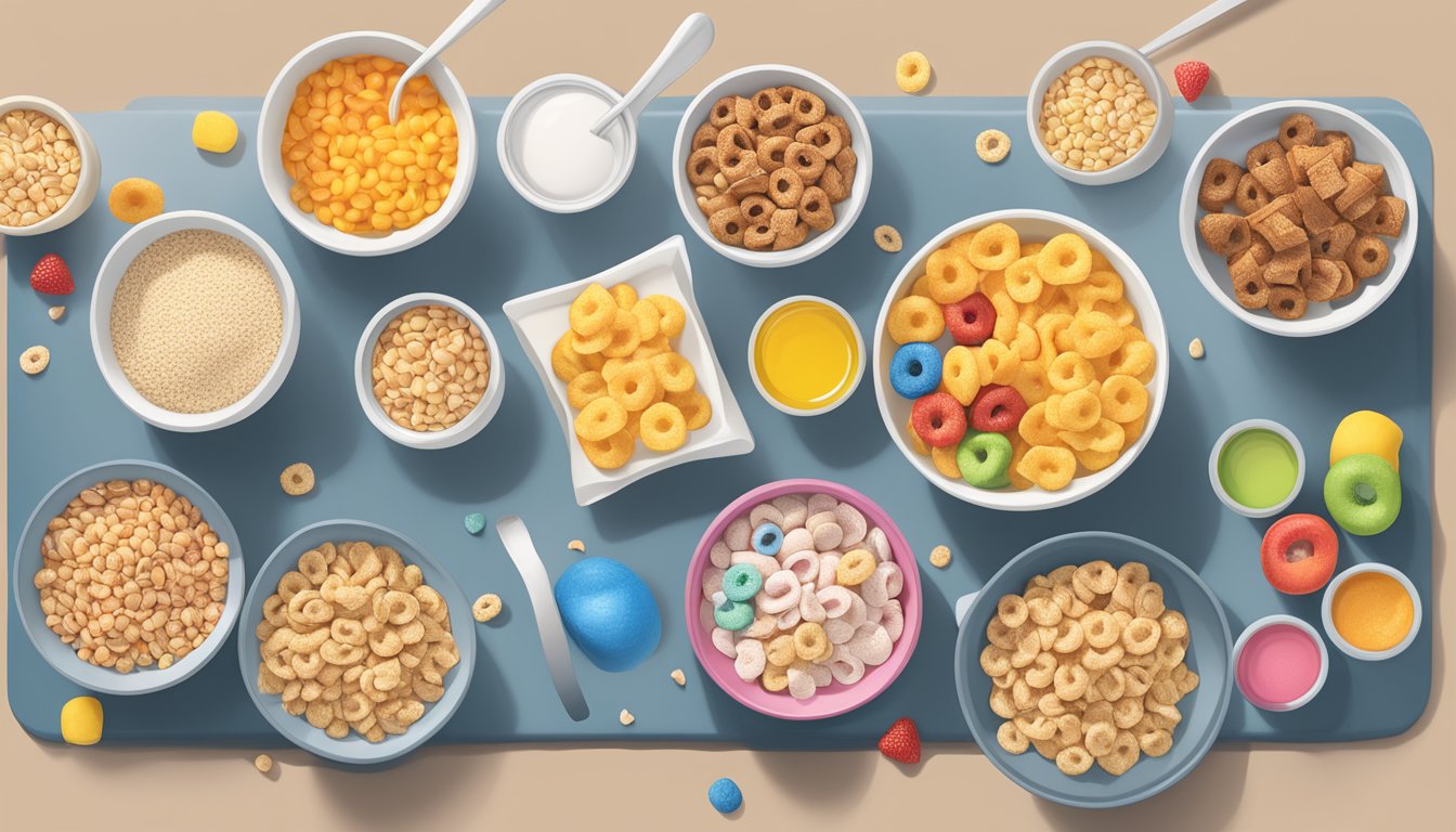 A table with two bowls of cereal, a box of French Toast Crunch and a box of Kellogg's Froot Loops, surrounded by measuring cups and nutrition labels