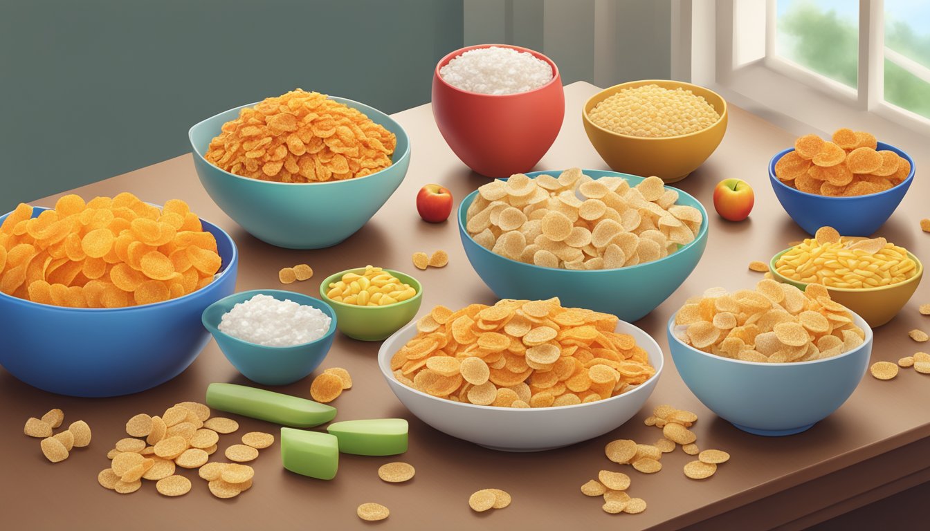 A table with bowls of Frosted Flakes and Kellogg's Apple Jacks surrounded by scattered ingredients like sugar, corn, and artificial flavorings