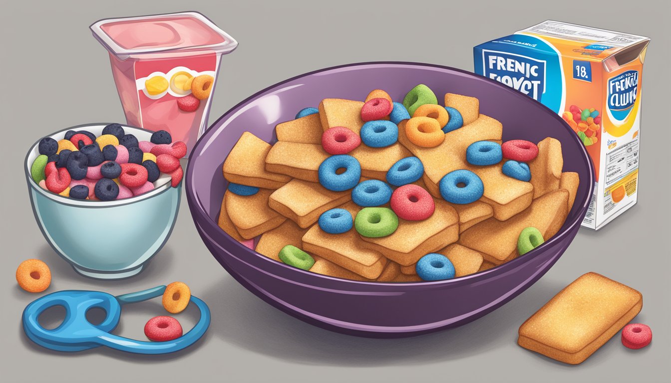 A bowl of French toast crunch and a bowl of Froot Loops side by side, with a measuring tape and a nutrition label next to each