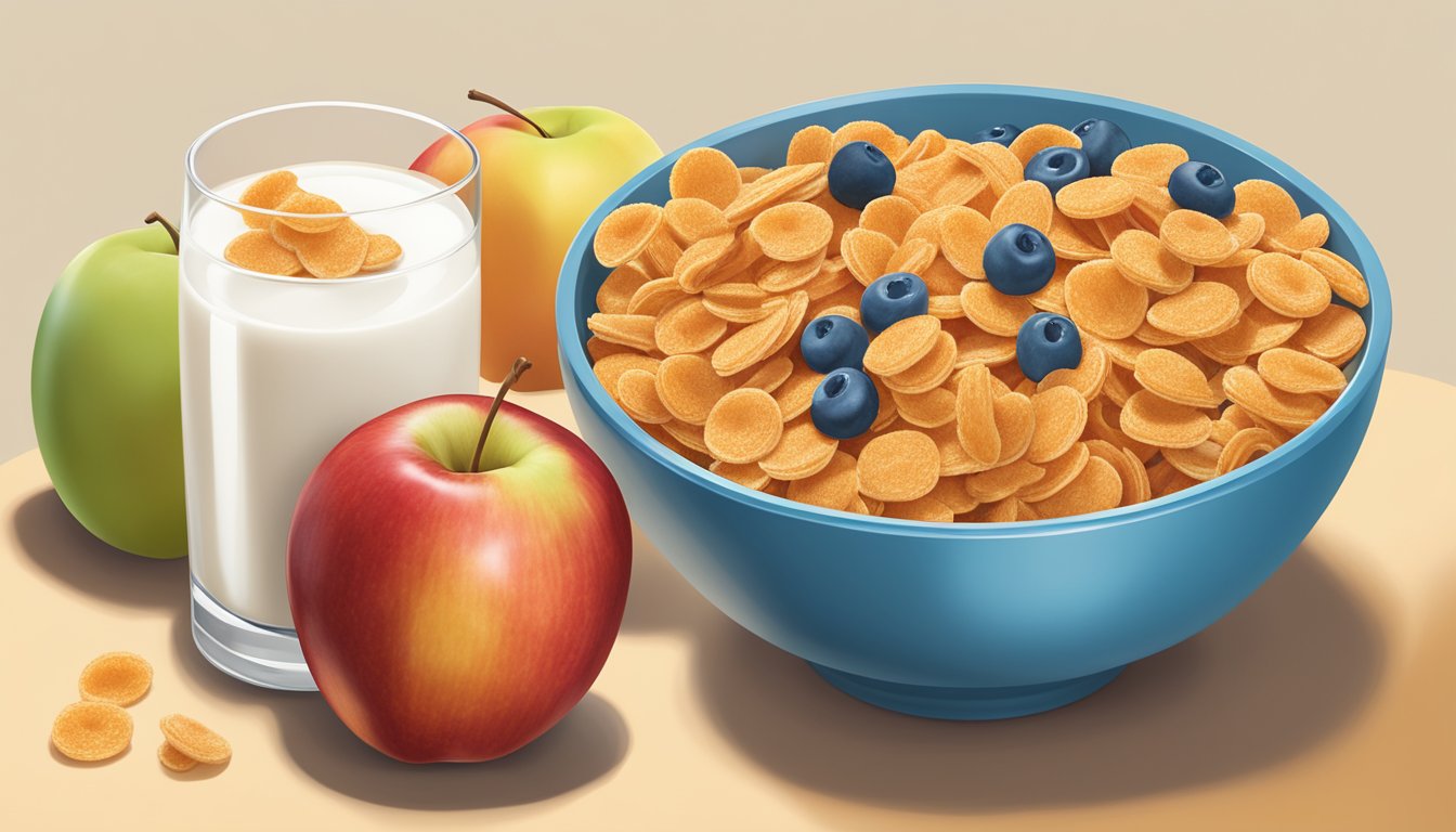 A bowl of frosted flakes and a bowl of Kellogg's Apple Jacks sit side by side, surrounded by fresh fruit and a glass of milk