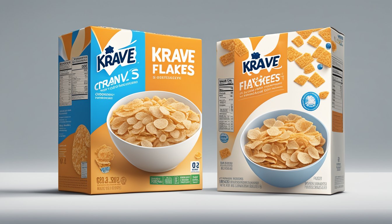 A comparison of frosted flakes and krave cereal boxes with nutrition labels and ingredients displayed side by side for analysis